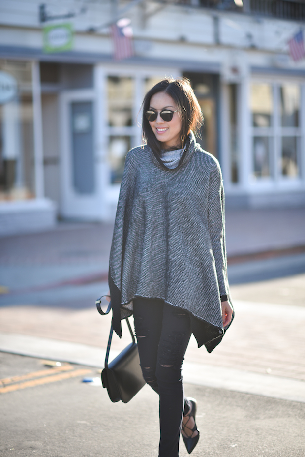 Poncho sweater, Frame denim ripped jeans, loeffler randall lace-up flats,, dior sunglasses
