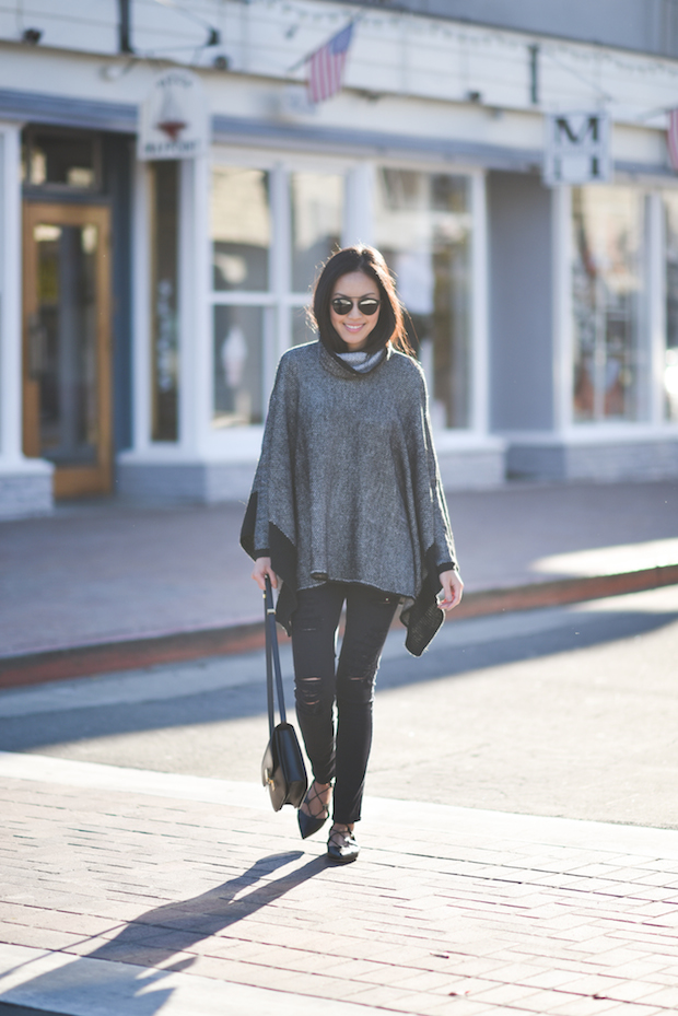 Poncho sweater, Frame denim ripped jeans, loeffler randall lace-up flats,, dior sunglasses