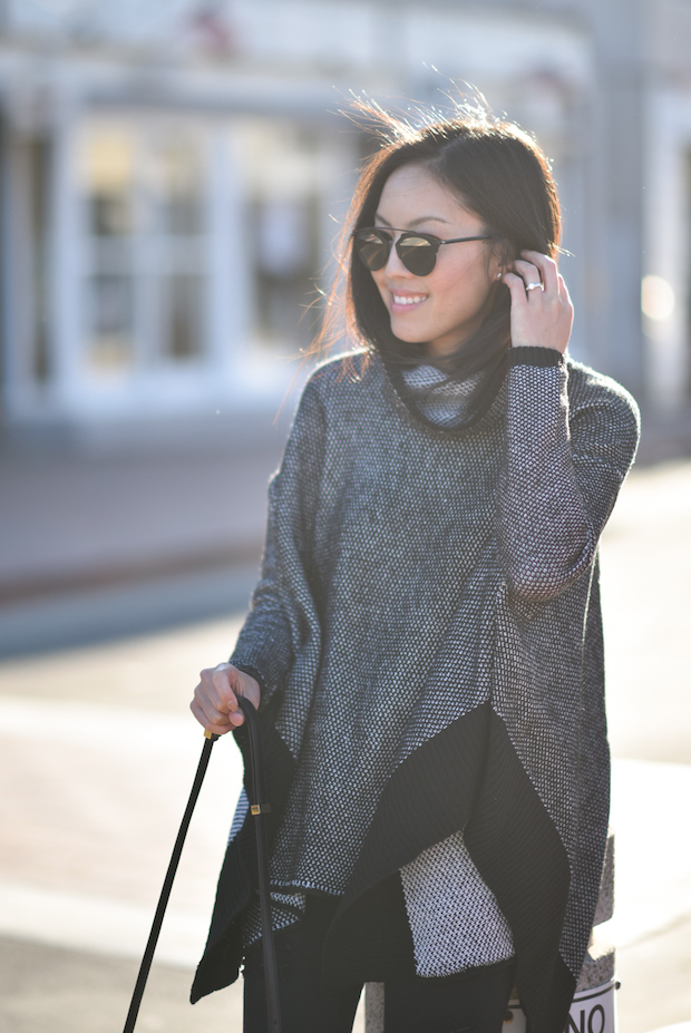 Poncho sweater, Frame denim ripped jeans, loeffler randall lace-up flats,, dior sunglasses