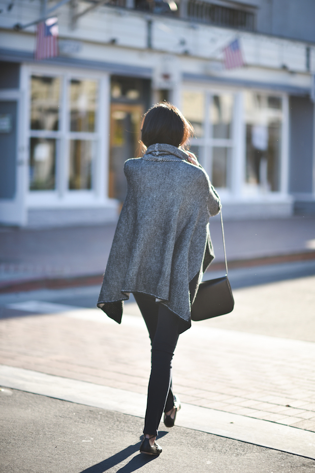 Poncho sweater, Frame denim ripped jeans, loeffler randall lace-up flats,, dior sunglasses