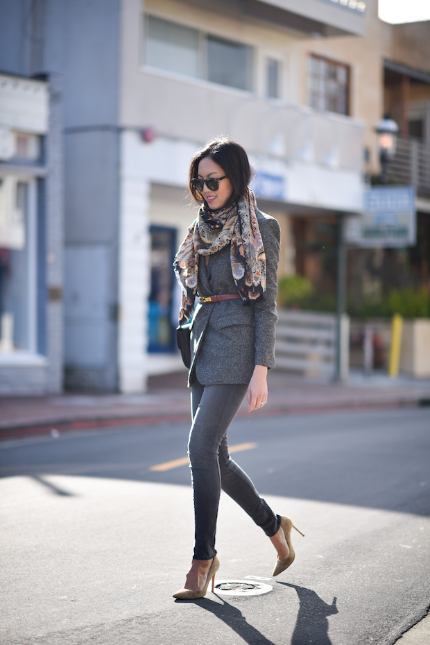 belted blazer, scarf, j brand jeans